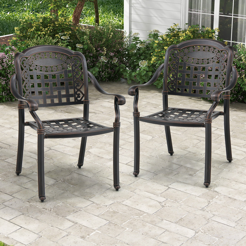 Brown cast aluminum patio chair with intricate design details, ideal for garden or porch seating.