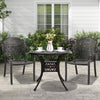Set of 2 brown cast aluminum patio chairs with armrests, featuring a stackable design for outdoor spaces.