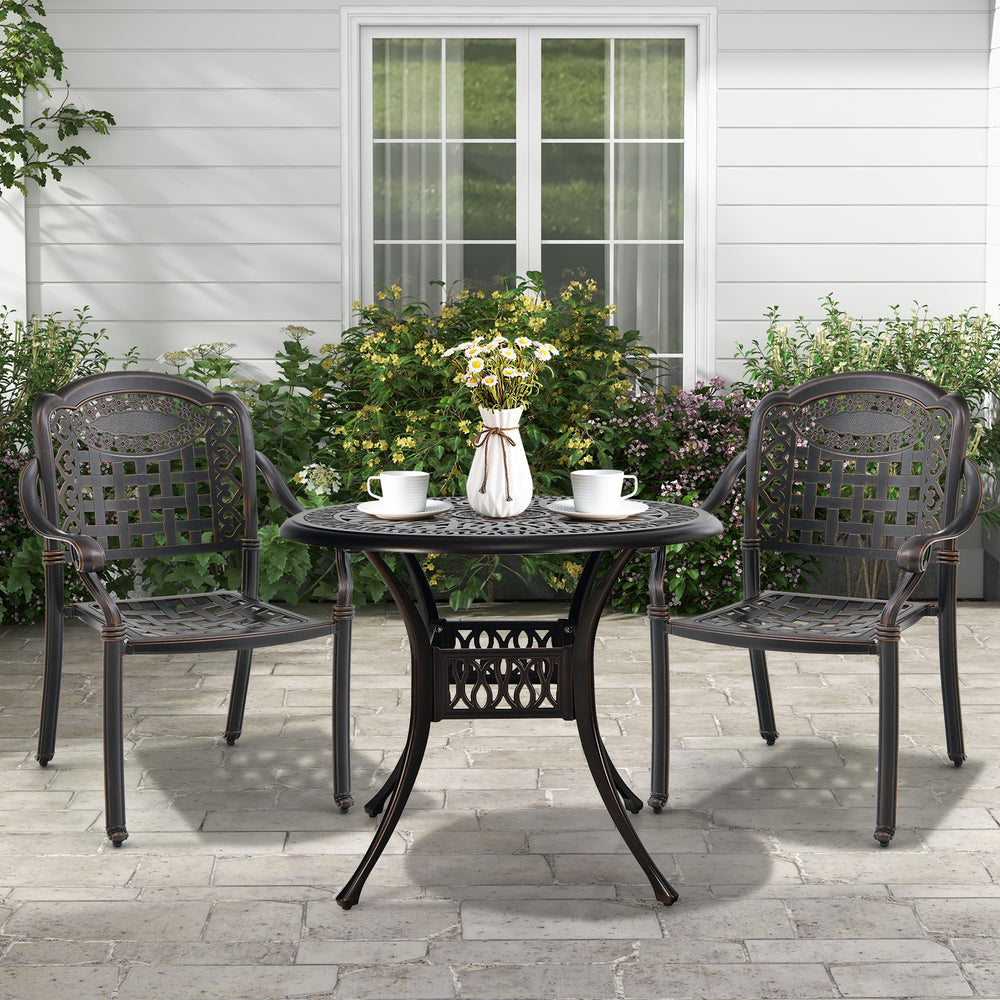 Set of 2 brown cast aluminum patio chairs with armrests, featuring a stackable design for outdoor spaces.