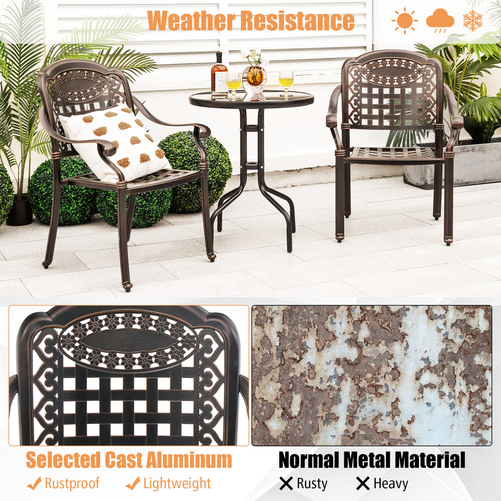 Set of 2 brown cast aluminum patio chairs with armrests, stackable design for outdoor spaces and 360 lbs max load.