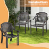 Set of 2 brown cast aluminum patio chairs with armrests, stackable design for space-saving outdoor use.