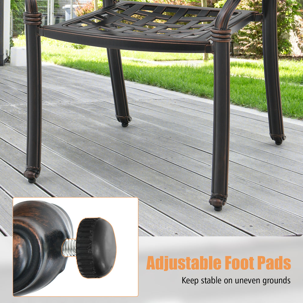 Brown cast aluminum patio chair with adjustable foot pads for stability on uneven surfaces, perfect for outdoor spaces.