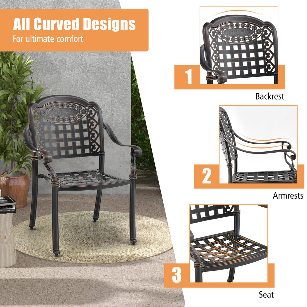Set of 2 brown cast aluminum patio chairs with armrests, featuring curved designs for comfort and stackable convenience.