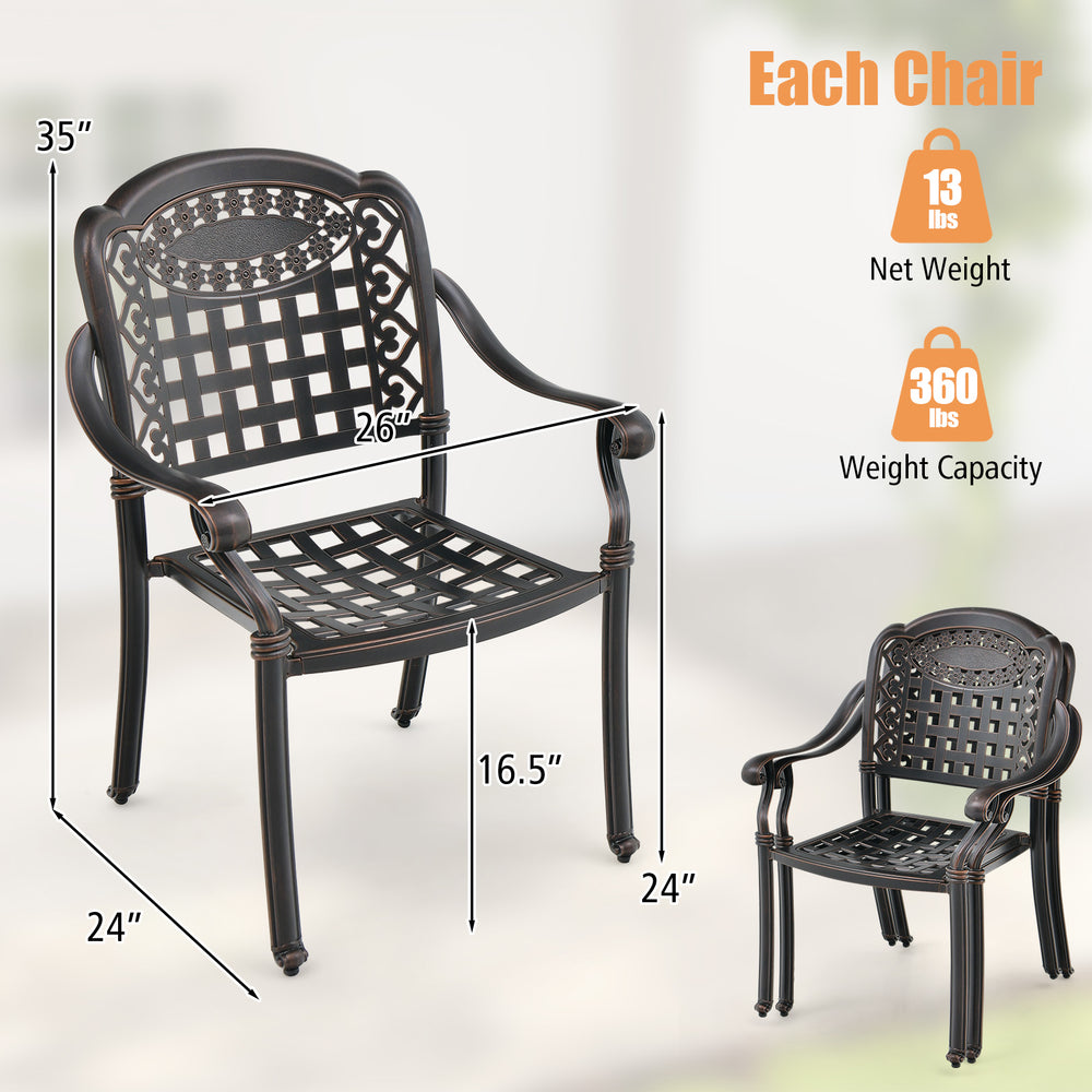Brown cast aluminum patio chair with armrests, stackable design, 360 lbs capacity, ideal for outdoor spaces.