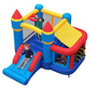 Inflatable bounce house with slide, ball pit, and pitching game for fun indoor and outdoor birthday parties.