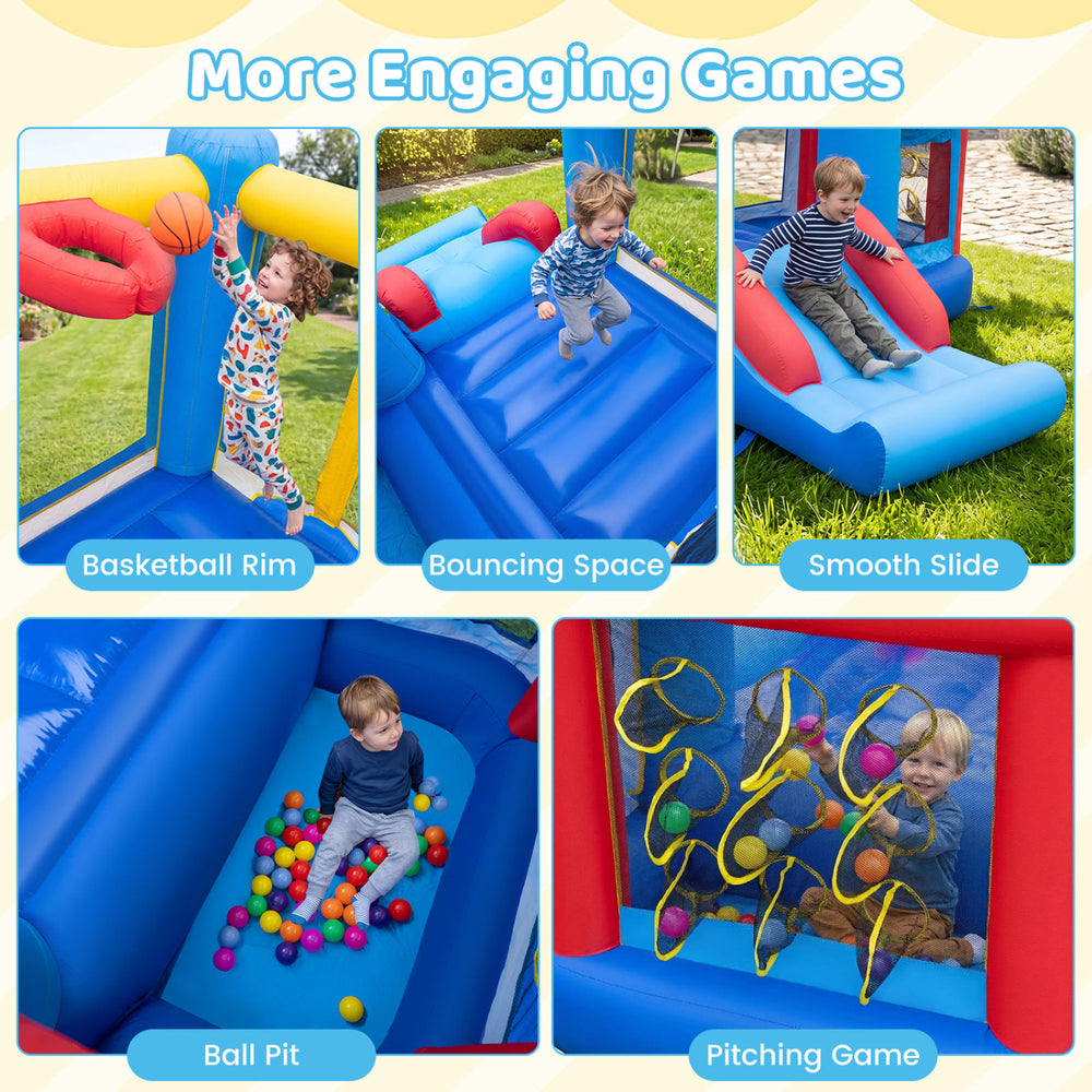 Inflatable bounce house featuring a slide, ball pit, and pitching game for engaging outdoor fun at birthday parties.