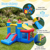 Inflatable bounce house with slide, ball pit, and pitching game, made of durable oxford cloth for outdoor fun.