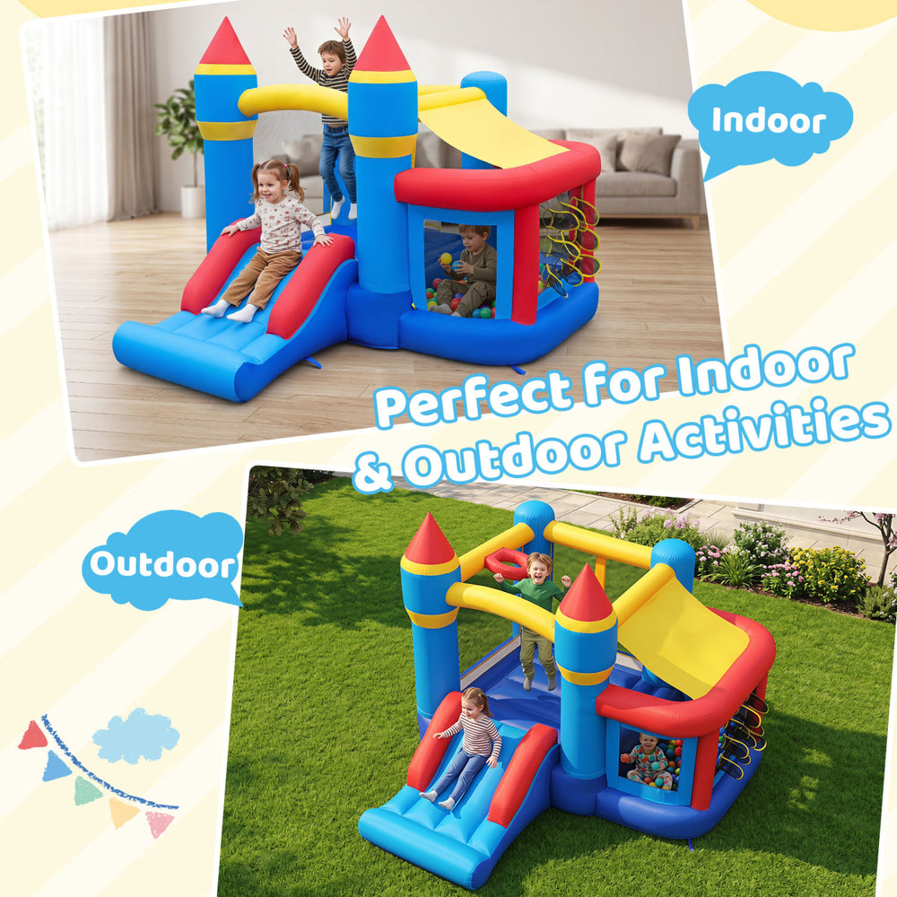 Inflatable bounce house with slide, ball pit, and pitching game for indoor and outdoor fun at birthday parties.
