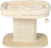 Plush beige cat tree tower with removable cushion, sisal scratching plate, and playful fur ball for feline relaxation.
