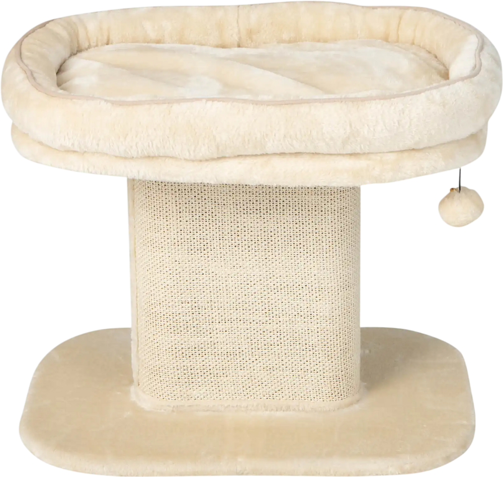 Plush beige cat tree tower with removable cushion, sisal scratching plate, and playful fur ball for feline relaxation.
