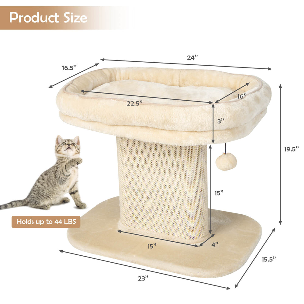 Modern cat tree tower in beige with plush perch, sisal scratching plate, and removable cushion for easy maintenance.