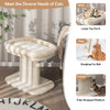 Modern cat tree tower in beige with plush perch, sisal scratching plate, and dangling fur ball for playtime.