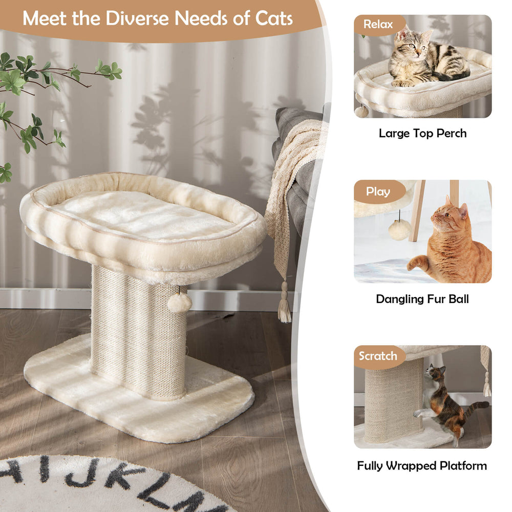 Modern cat tree tower in beige with plush perch, sisal scratching plate, and dangling fur ball for playtime.