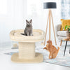 Modern cat tree tower in beige featuring a plush perch, sisal scratching plate, and playful fur ball for cats.