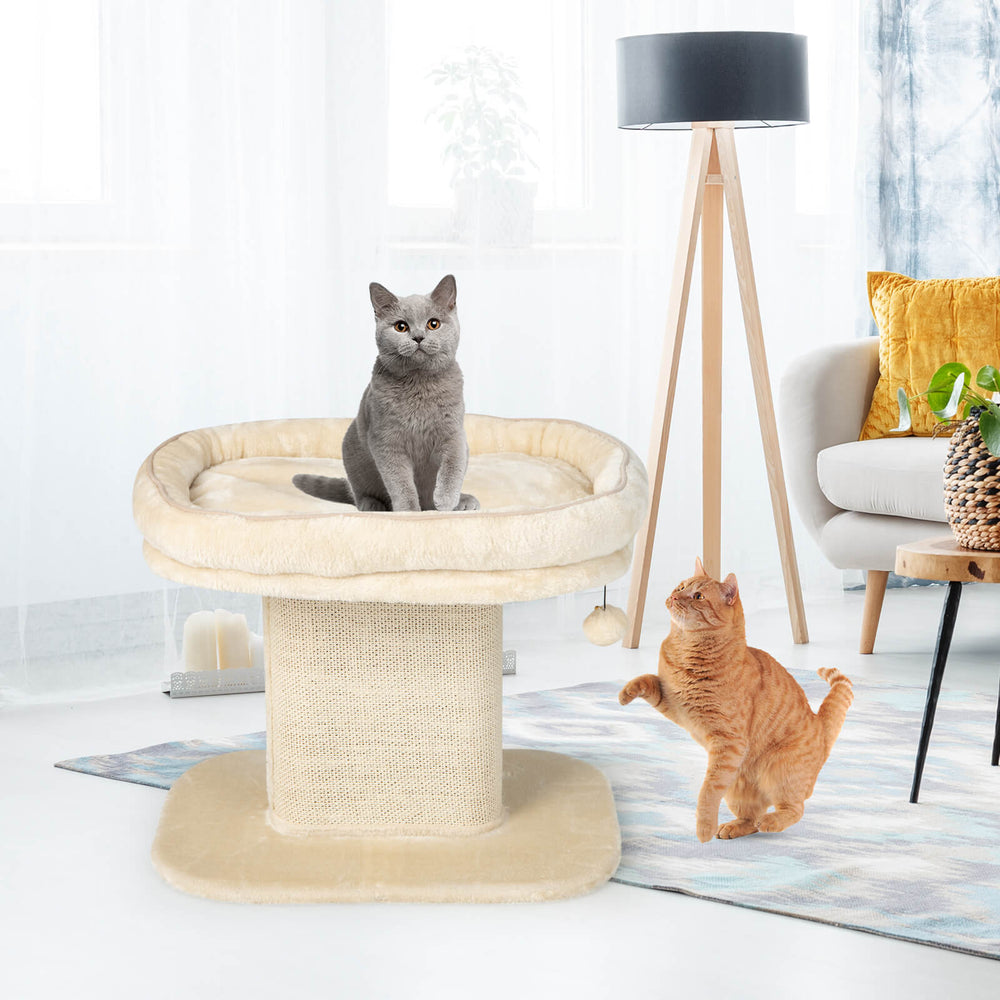 Modern cat tree tower in beige featuring a plush perch, sisal scratching plate, and playful fur ball for cats.