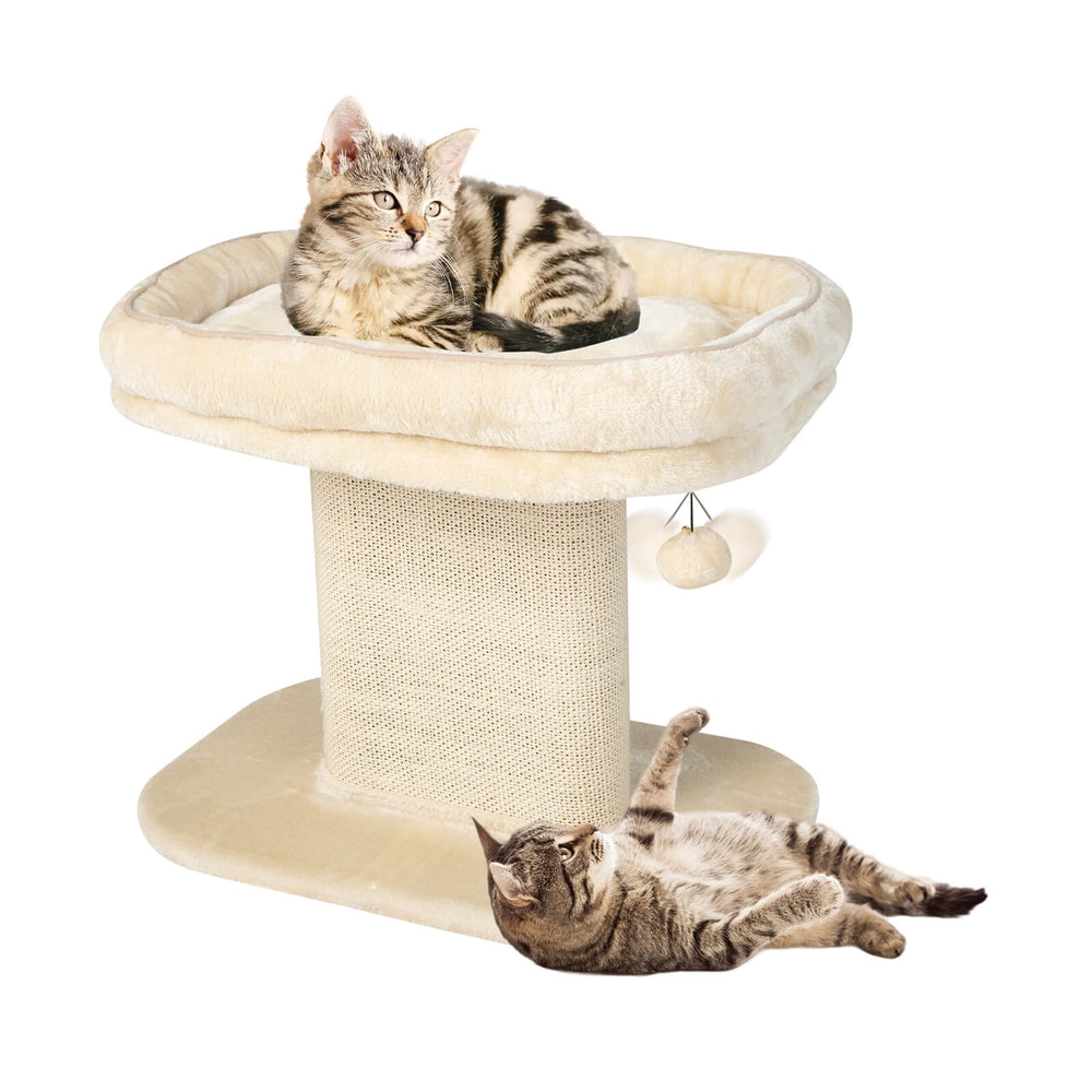 Modern cat tree tower in beige with plush perch, sisal scratching plate, and removable cushion for cat relaxation.