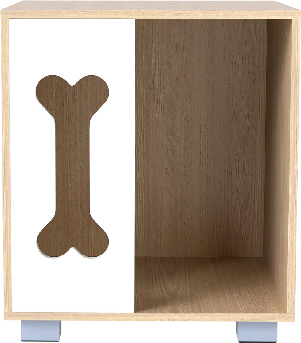 Wooden cat bed side table with bone-shaped window, natural finish, and sturdy metal legs for stability and style.