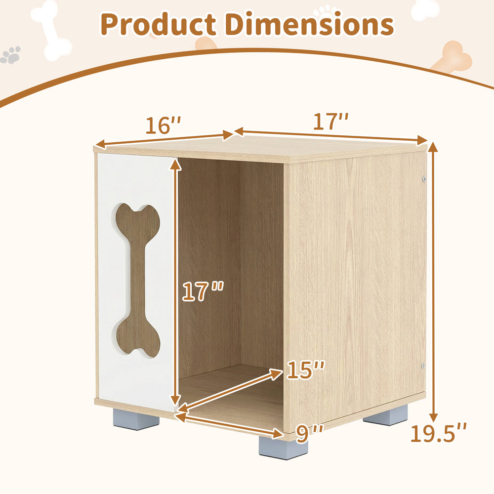 Wooden cat condo side table with bone-shaped window, measuring 17"x15"x19.5", ideal for decor and pet interaction.