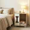 Wooden cat condo side table with bone-shaped window, featuring a wide tabletop and sturdy metal legs for stability.