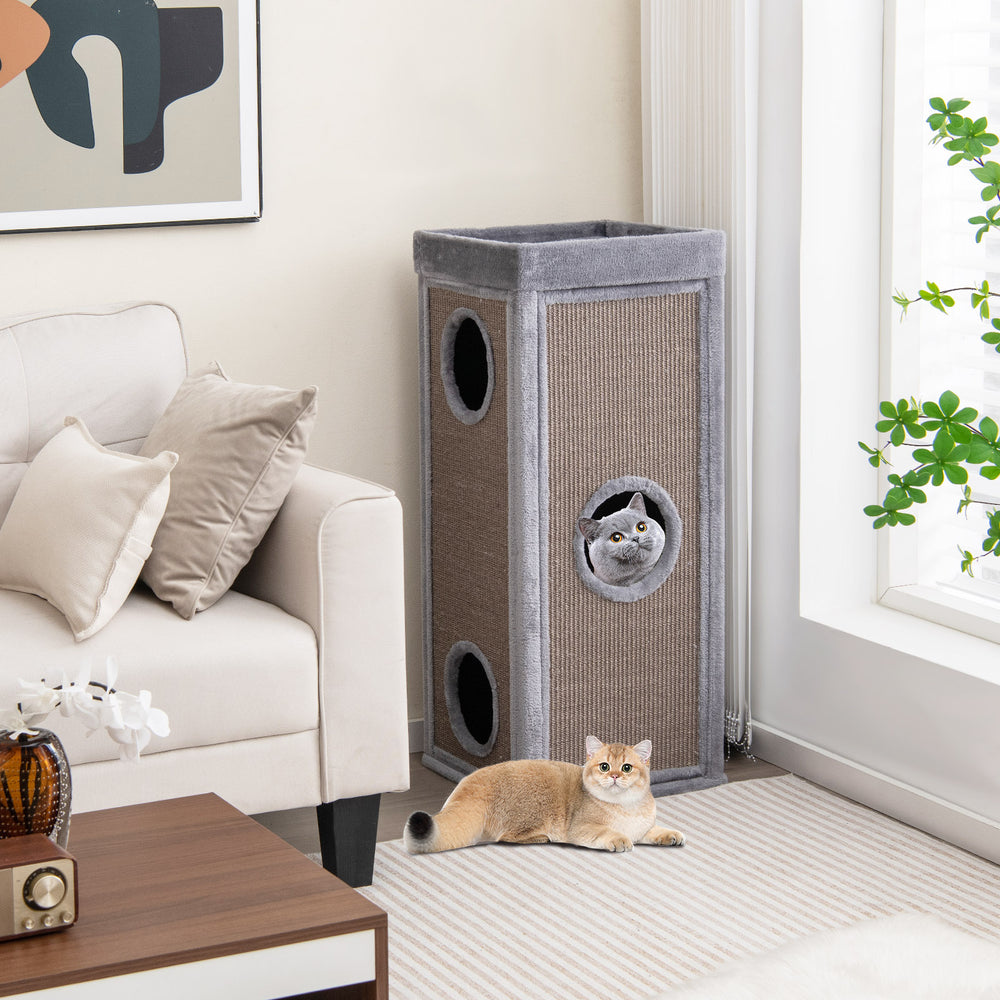 39 Inch Tall Cat Condo with Scratching Posts and 3 Hideaways and 4 Soft Plush Cushions-Gray - Gallery View 1 of 9