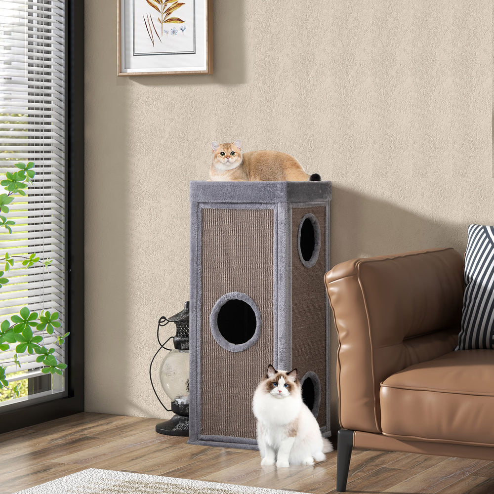 39-inch tall cat condo in gray with 4 stories, 3 hideaways, and soft plush cushions for multiple cats.