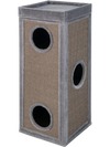 Tall gray cat condo with 3 hideaways, 4 plush cushions, and sisal scratching posts for multi-cat households.