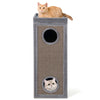 Tall gray cat condo featuring 3 hideaways, sisal scratching posts, and soft plush cushions for multiple cats.
