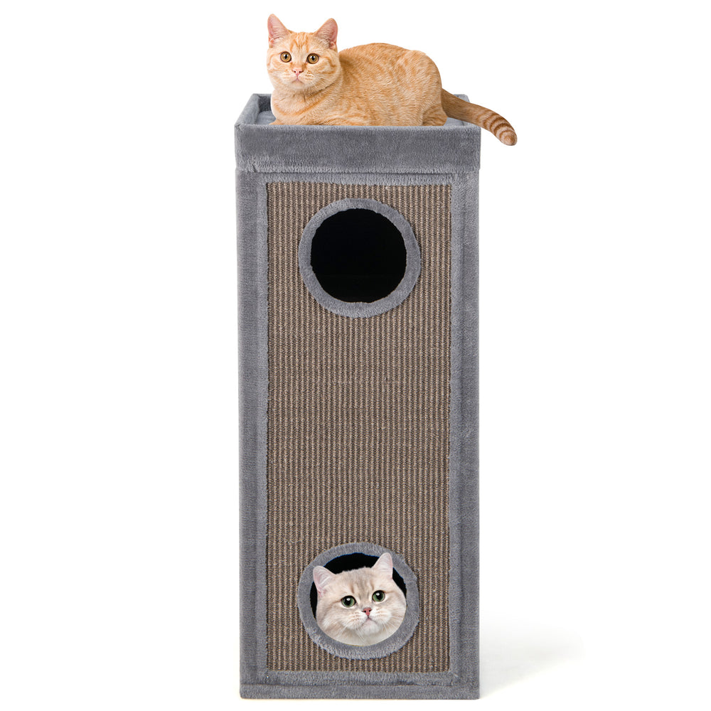 Tall gray cat condo featuring 3 hideaways, sisal scratching posts, and soft plush cushions for multiple cats.