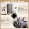 39-inch tall gray cat condo with 3 hideaway condos, sisal scratching posts, and soft plush cushions for multi-cat.