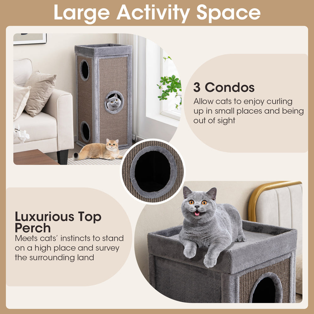 39-inch tall gray cat condo with 3 hideaway condos, sisal scratching posts, and soft plush cushions for multi-cat.