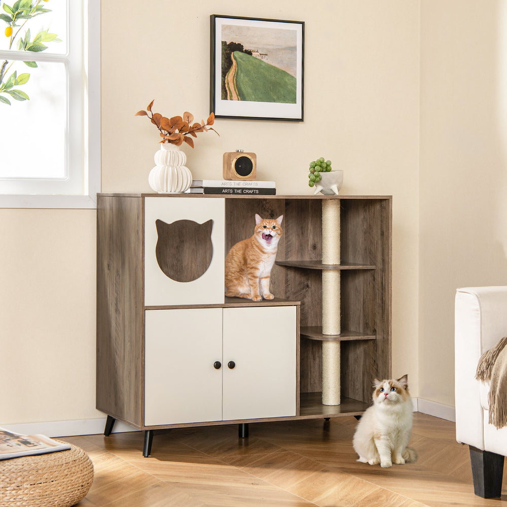 Cat litter box enclosure with scratching posts, featuring a cute cat-shaped hole and spacious design for indoor cats.