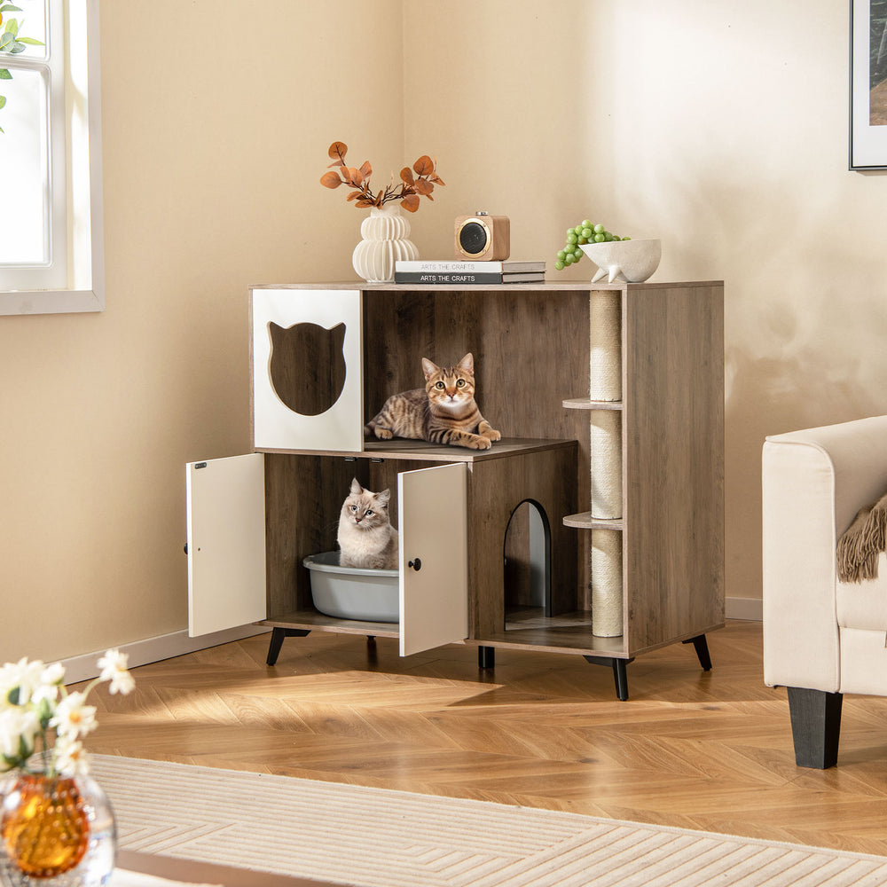 Cat litter box enclosure with sisal scratching posts, featuring a play area and private potty space for indoor cats.