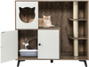 Cat litter box enclosure with play area, sisal scratching posts, and private potty space for indoor cats in natural.