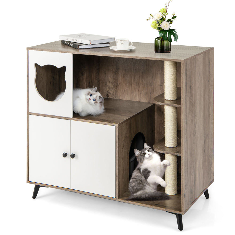 Cat litter box enclosure with sisal scratching posts, spacious design, and cute cat-shaped entry for indoor cats.