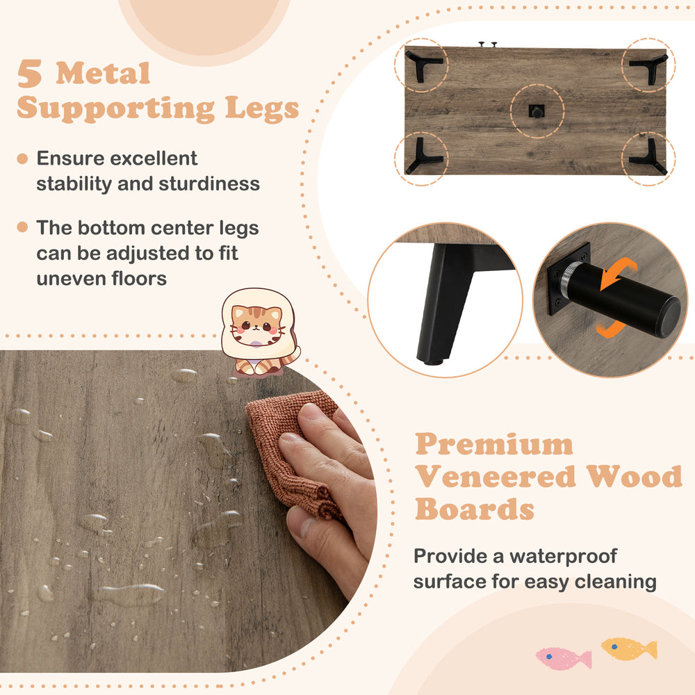 Cat litter box enclosure with natural veneered wood, featuring 5 metal legs and sisal scratching posts for indoor cats.