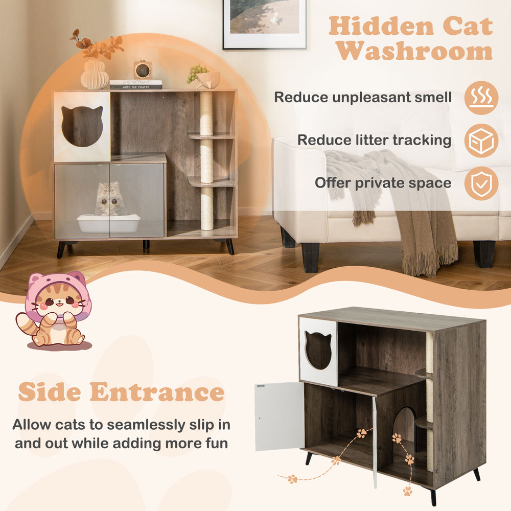 Cat litter box enclosure with sisal scratching posts, featuring a cat-shaped entrance for privacy and easy access.
