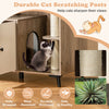 Cat litter box enclosure with three sisal scratching posts, featuring a play area and natural wood finish for indoor.