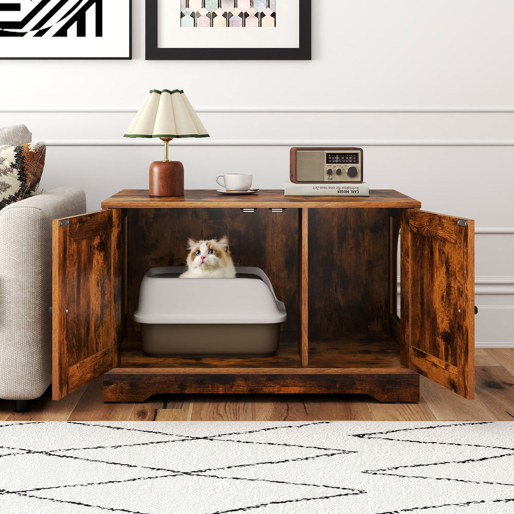 Wooden cat litter box enclosure with dual doors, stylish design, and spacious tabletop for home decor and storage.