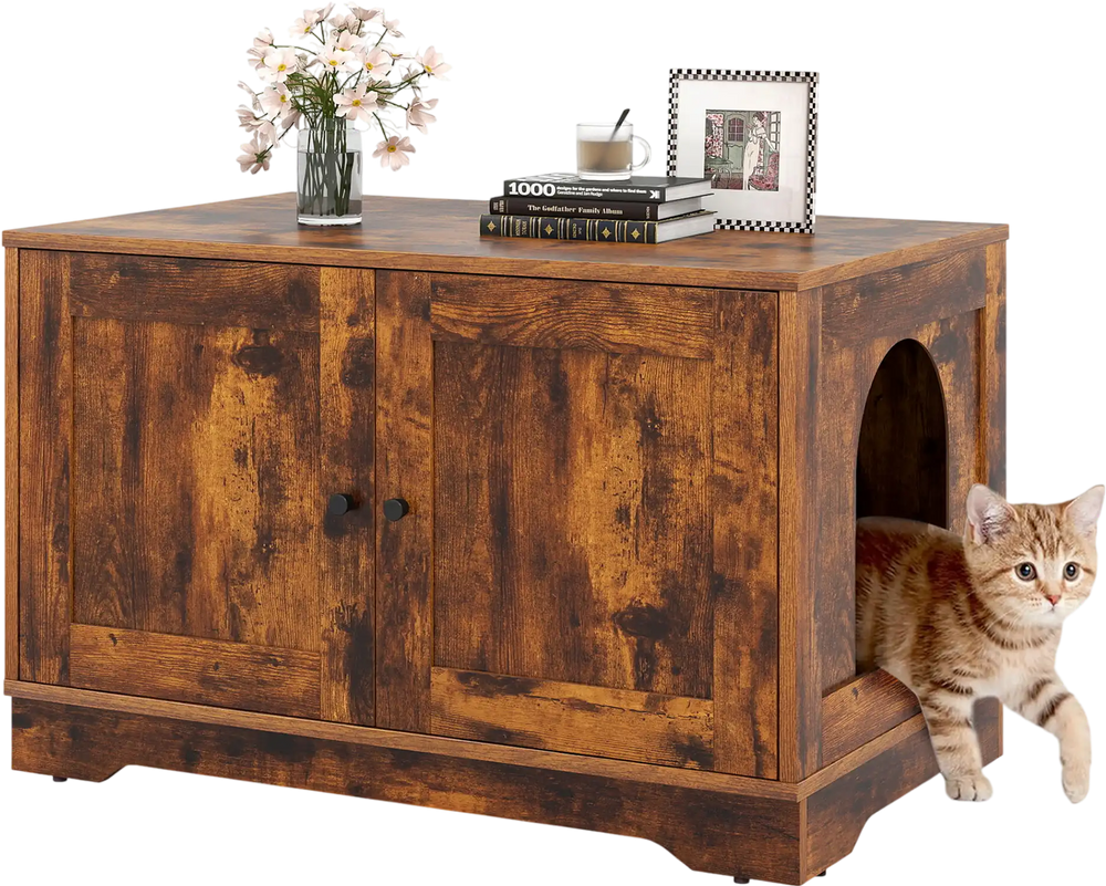 Wooden cat litter box enclosure with dual doors, stylish brown finish, doubles as a side table for home decor.