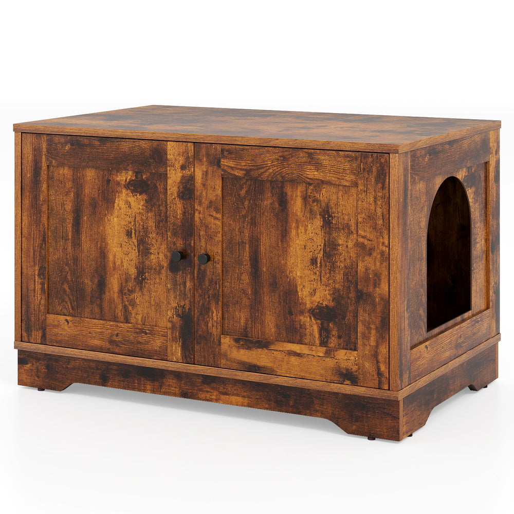 Wooden cat litter box enclosure in brown, featuring dual doors for easy access, stylish design, and spacious tabletop.