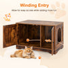 Cat litter box enclosure with winding entry, dual doors, and stylish brown wood design for indoor use as a side table.