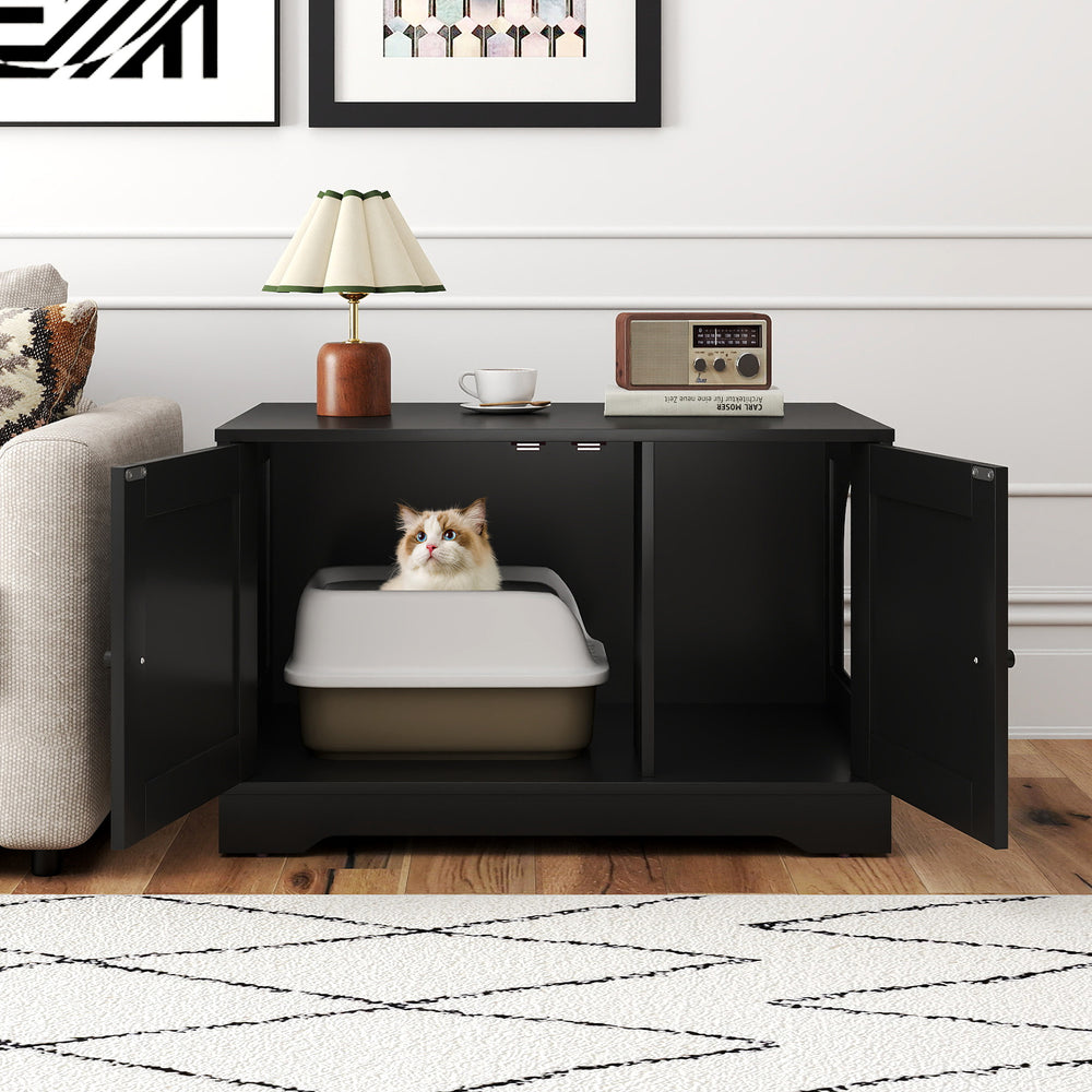 Cat Litter Box Enclosure Furniture Indoor Wooden Cat House End Side Table Nightstand-Black - Gallery View 1 of 10