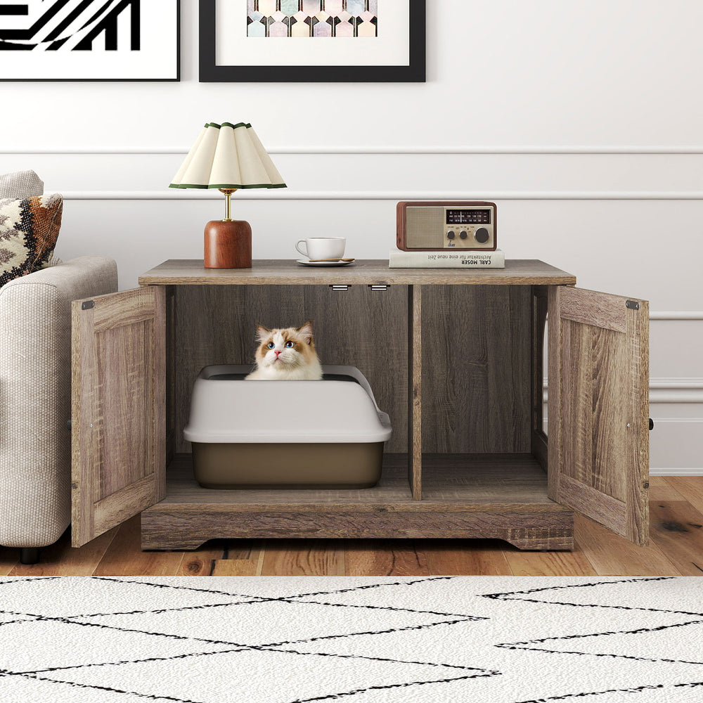 Cat Litter Box Enclosure Furniture Indoor Wooden Cat House End Side Table Nightstand-Gray - Gallery View 1 of 10