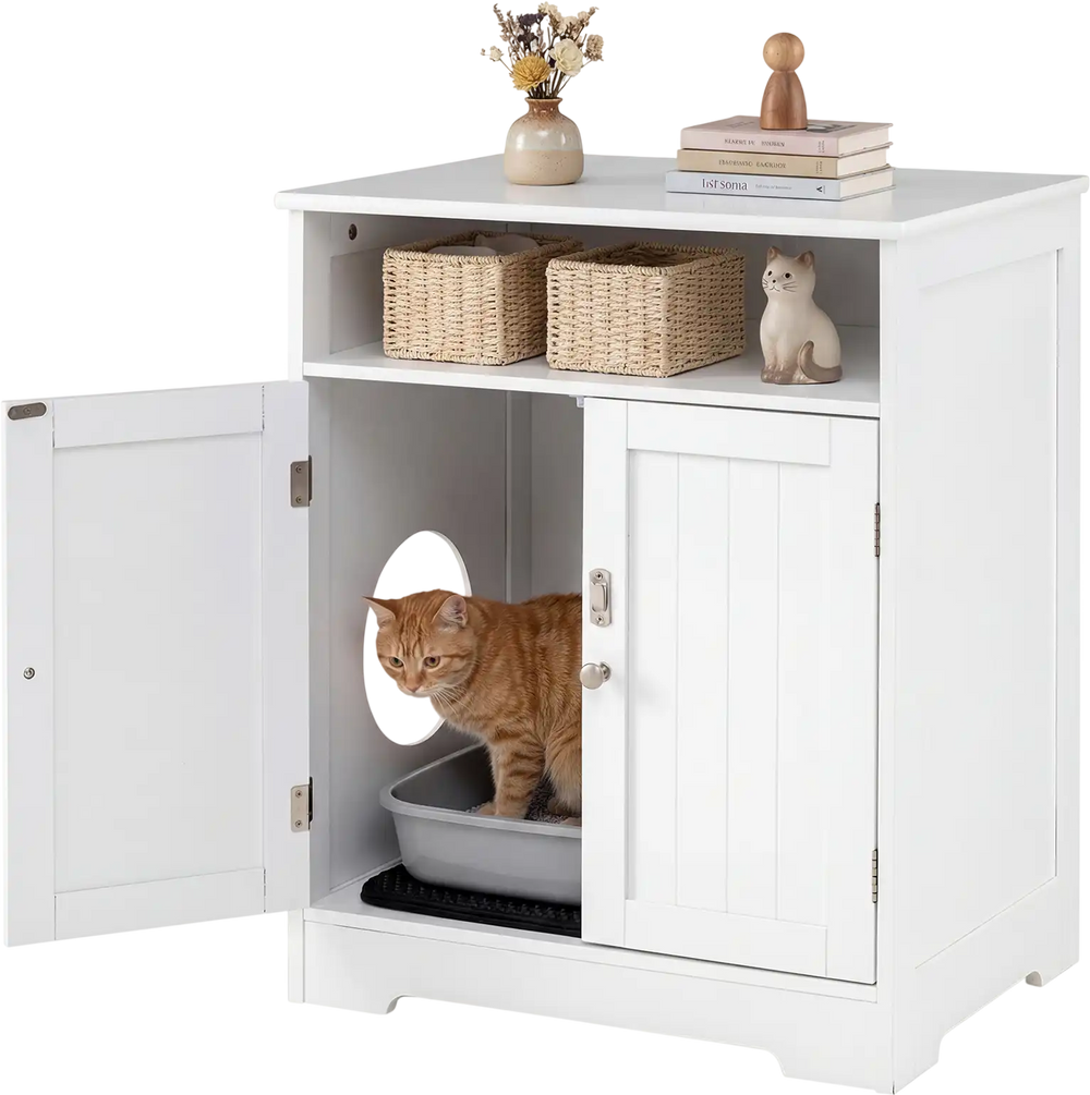 Wooden cat litter box enclosure in white, featuring dual doors and a spacious countertop for decor and organization.