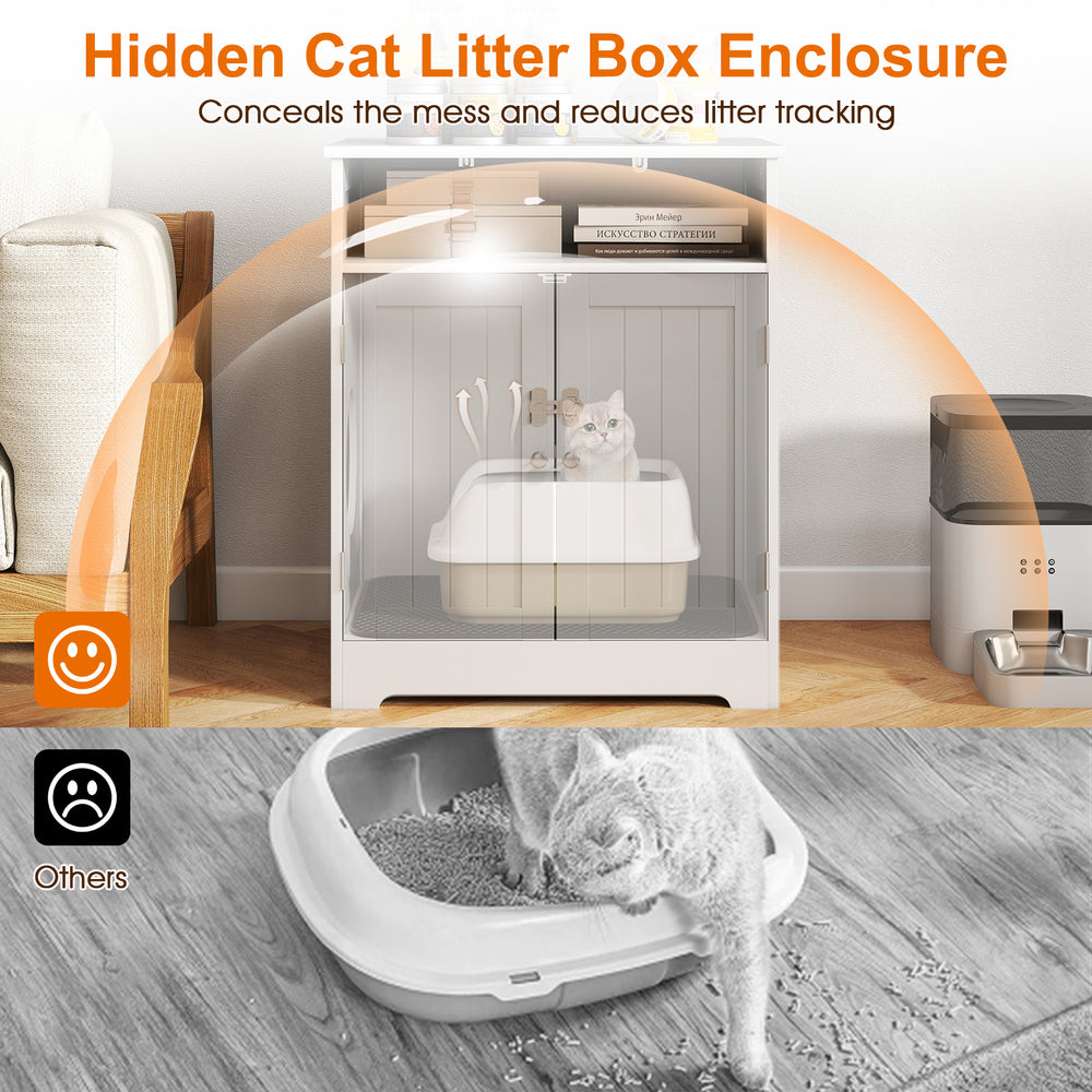 Wooden cat litter box enclosure in white, multifunctional design with dual doors for easy access and reduced litter.