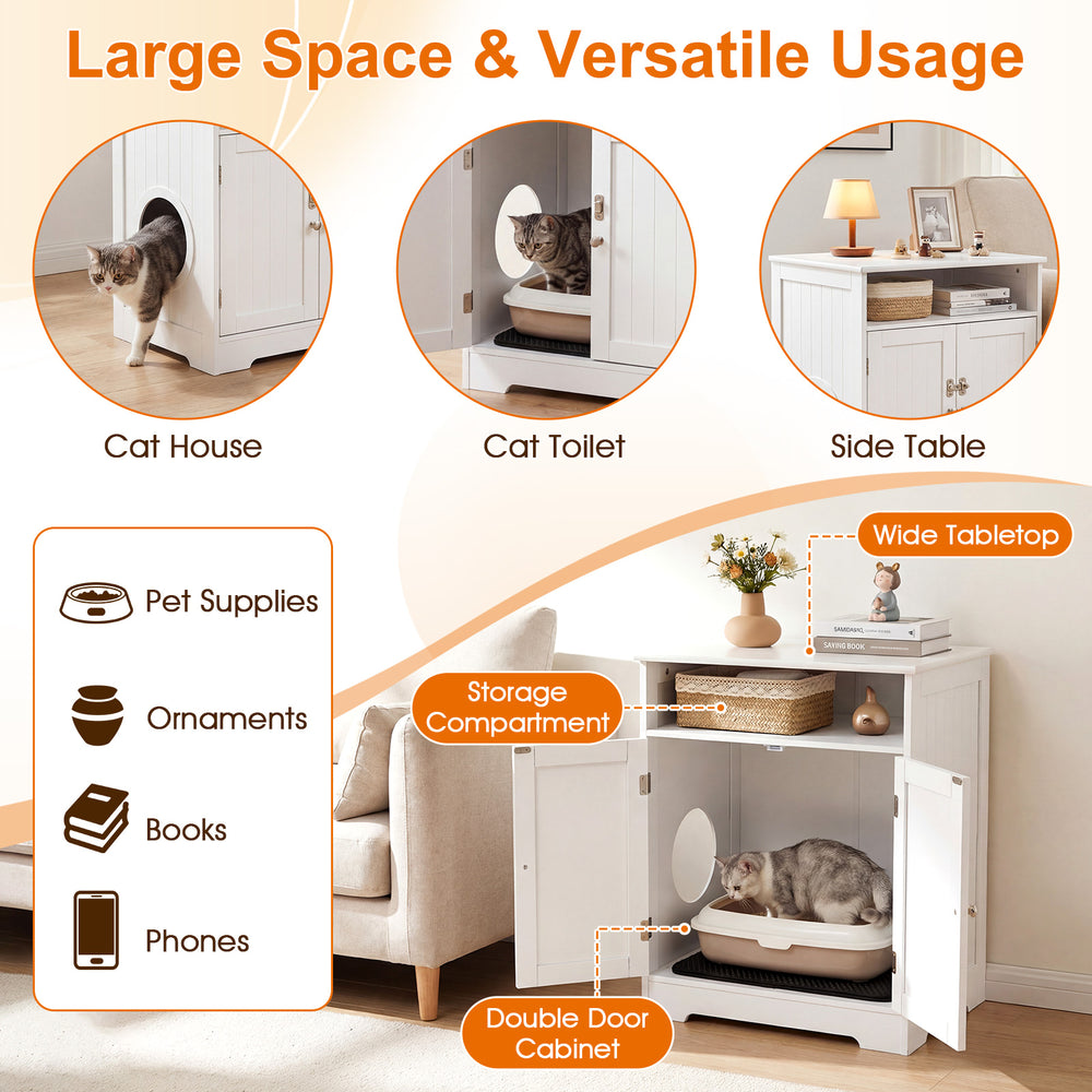 Wooden cat litter box enclosure in white, serving as a cat house and side table, with dual doors for easy access.
