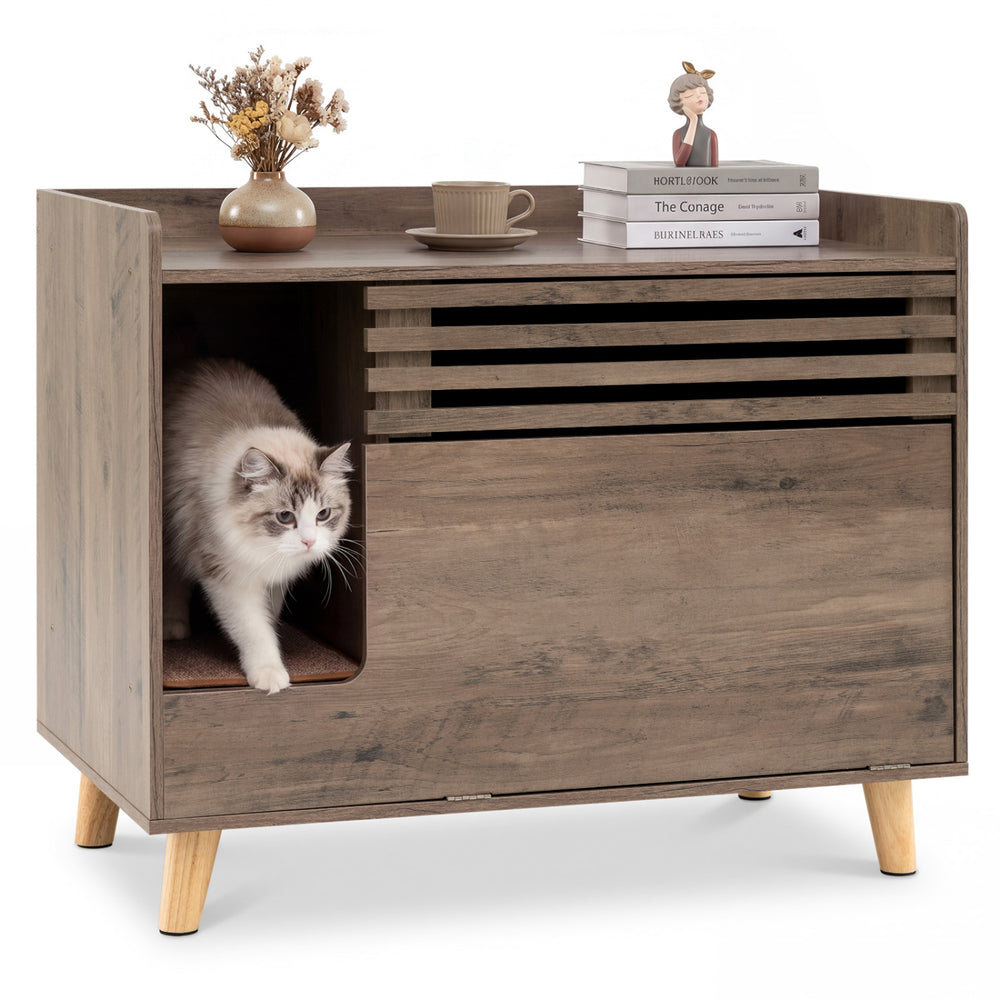 Cat litter box enclosure in brown with flip-down door, scratching mat, and farmhouse style for discreet pet care.