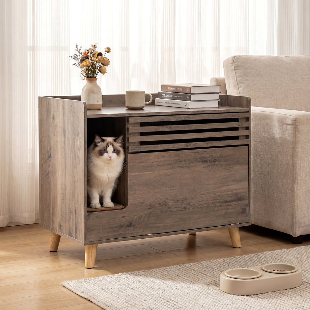 Cat litter box enclosure in brown with flip-down door, featuring a cozy design and scratching mat for discreet pet care.