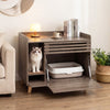 Cat litter box enclosure in brown with flip-down door, scratching mat, and farmhouse design for discreet pet care.