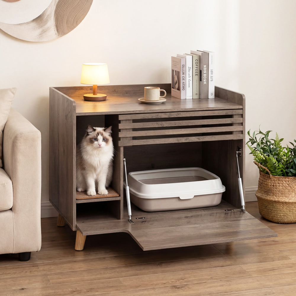 Cat litter box enclosure in brown with flip-down door, scratching mat, and farmhouse design for discreet pet care.